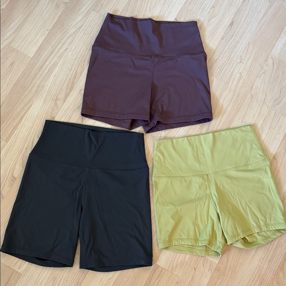 CRZ YOGA Biker Gym Yoga Pilates Shorts 3 pairs Dark Grey Brown Lime Green - Picture 1 of 6